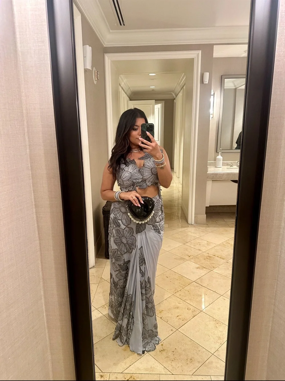 MOLEDRO Light Blue Floral Embroidered Womens two piece sari set
